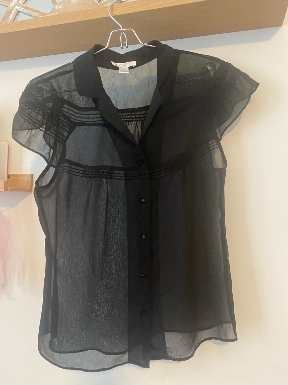 LOFT Black Sheer Pintuck Button-Up Blouse